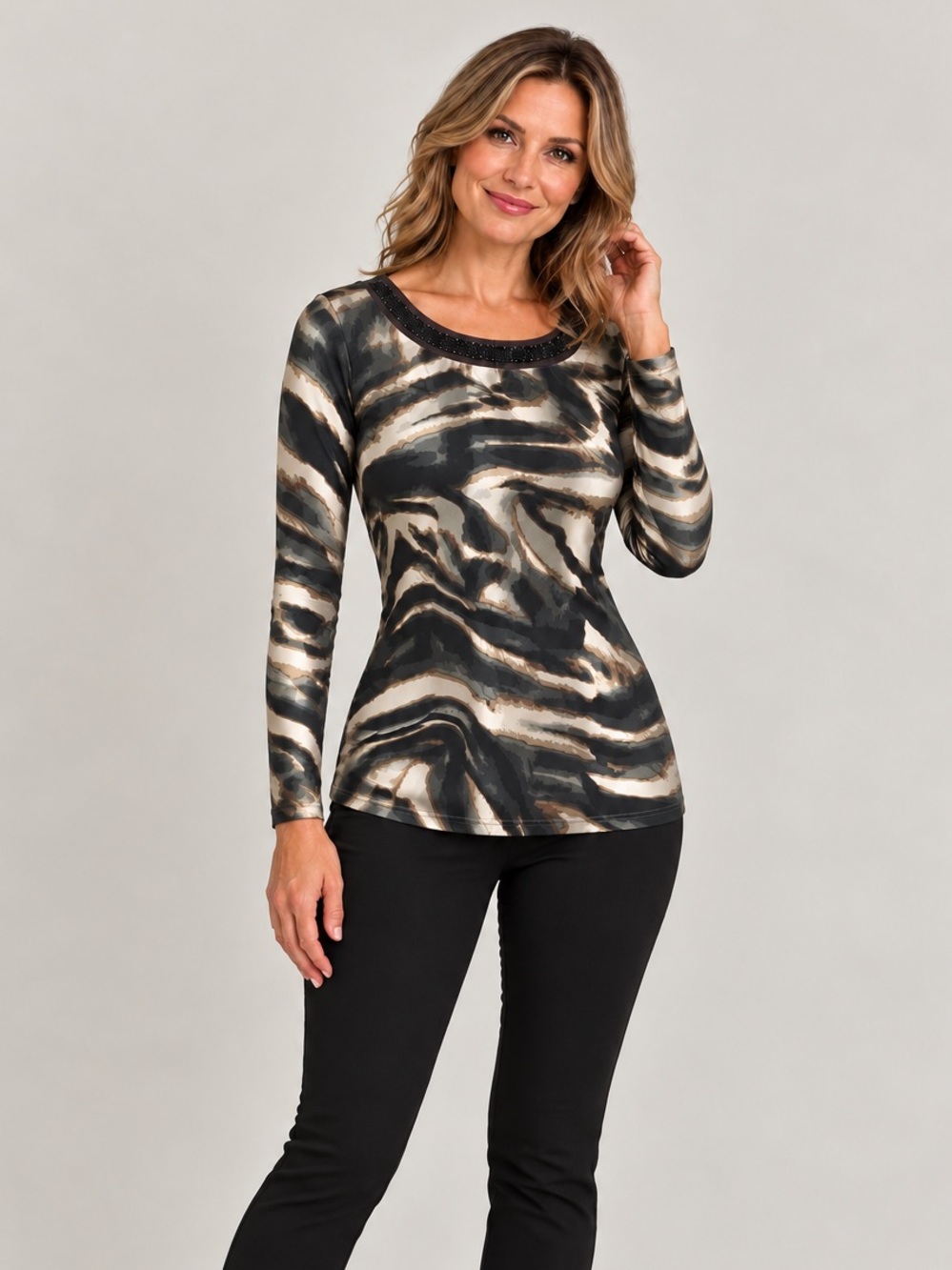 DKR Apparel Beaded Neckline Long Sleeve Top-Gray Swirl Print